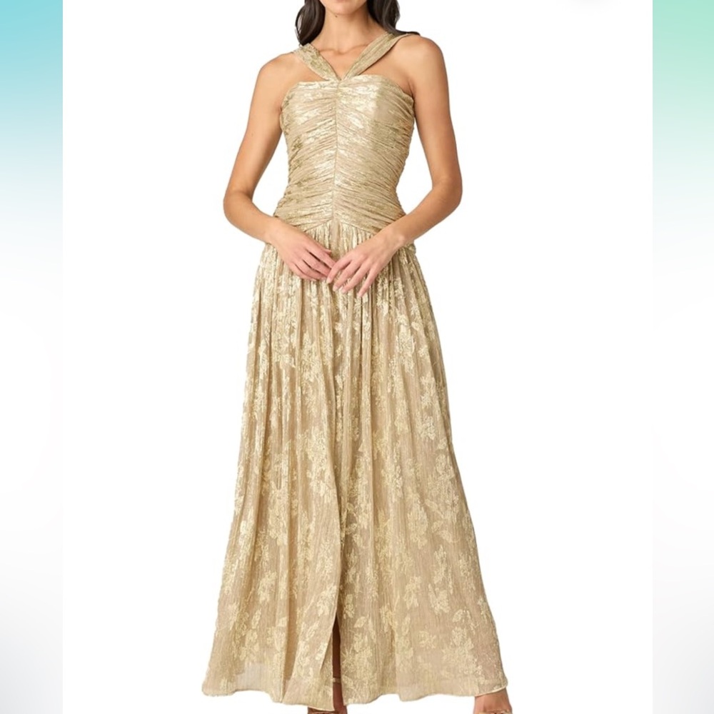 Shoshanna Women's Gold Foil Pleated Chiffon Lora Dress Size 6